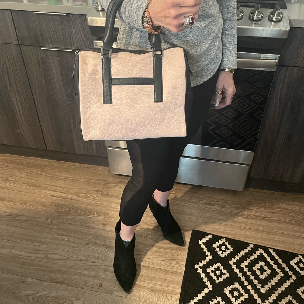Heathers closet pink and black leather satchel